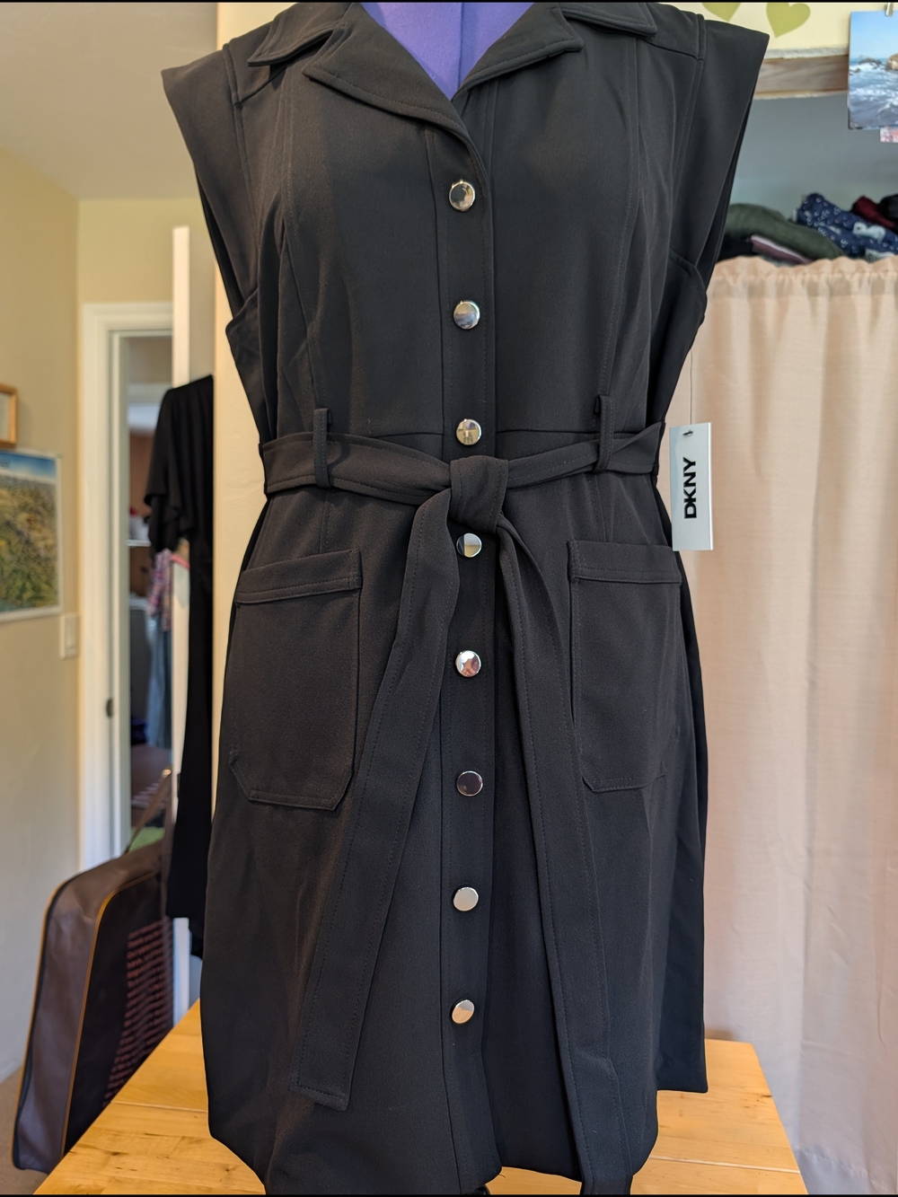 DKNY Black Sleeveless Midi Dress with Tie Belt
